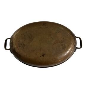 Vintage Copper Oval Gratin Roasting Pan Tin Lined Brass Handles 12.375"